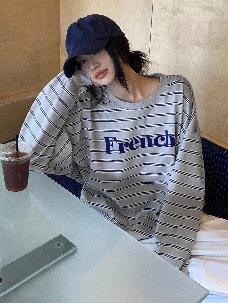 DAZY 女士/女孩休闲条纹圆领长袖运动衫,秋冬 - 灰色 - 查看 1