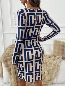 SHEIN Clasi 女式几何印花长袖褶皱修身优雅迷你连衣裙 - 彩色 - 查看 2