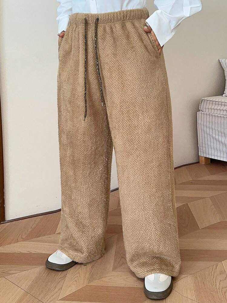 Dazy Plus Elastic Waist Loose Straight Leg Pants, Thermal Lined, Plus Size, Autumn/Winter Thermal Lined