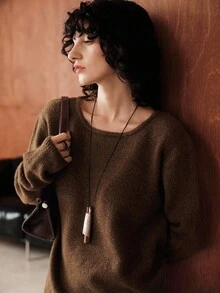 Uhlyne Uhlyne 秋冬羊毛面料极简奢华商务女装，优雅休闲复古复古风圆领长袖，女士毛衣两件套（上衣和裙子），适合通勤 - 咖啡棕 - 查看 6