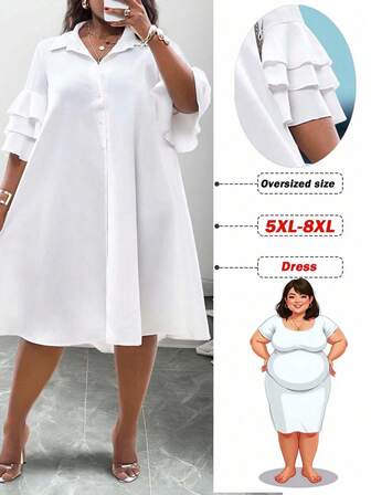 SHEIN CURVE+ Plus Size 2025 New Collection Women Outfit - Rave, Easter, Old Money Style, Country Concert, Going Out, Fairycore, Festival, Tropical Vacation, Suitable For Spring/Summer, Summer Outfits, Rave, European Summer, Spring, Western Wear Plus, Concert, Graduation, Versatile For Daily Commute, Business Casual, Minimalist Casual Beachwear - Layered Ruffle Sleeve Shirt, Asymmetric Hem Midi Dress, Curve Plus, Boho Vacation, Sun Dresses For Women