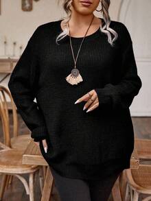 EMERY ROSE Plus Size Women Solid Color Round Neck Drop Shoulder Long Sleeve Casual Loose Pullover Sweater, Autumn - Black - View 1