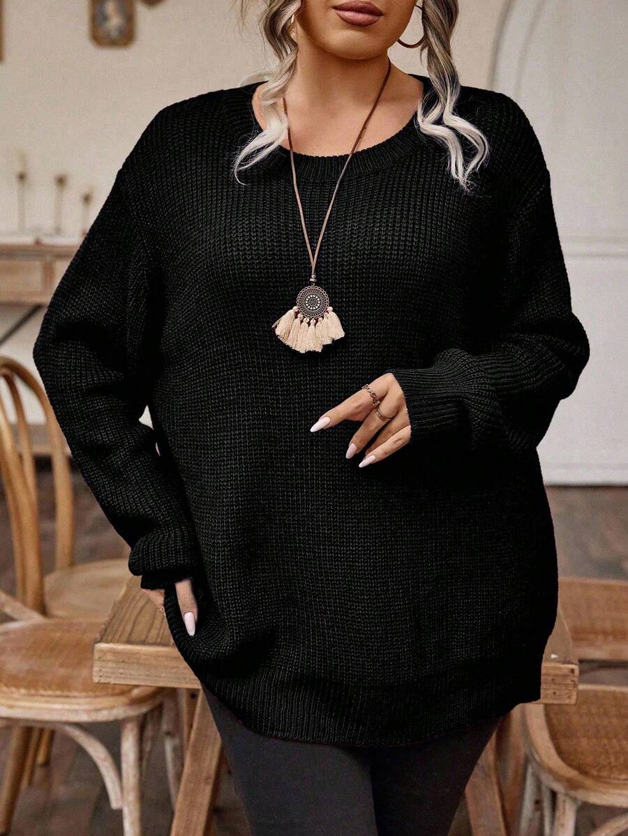 EMERY ROSE Plus Size Women Solid Color Round Neck Drop Shoulder Long Sleeve Casual Loose Pullover Sweater, Autumn - Black - View 1