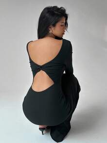 SHEIN MOOSTA 1 pieza Vestido negro de mujer de punto elástico con costillas, con espalda descubierta y abertura, para uso casual/diario en otoño - Negro - Ver 2