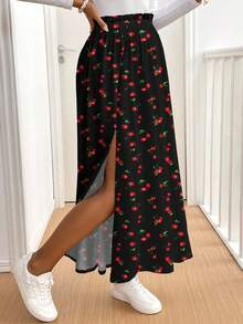 SHEIN Frenchy 樱桃印花复古优雅高开叉喇叭裙，适合夏季度假、音乐节、海滩度假，也可作为送给妈妈的礼物 - 彩色 - 查看 7