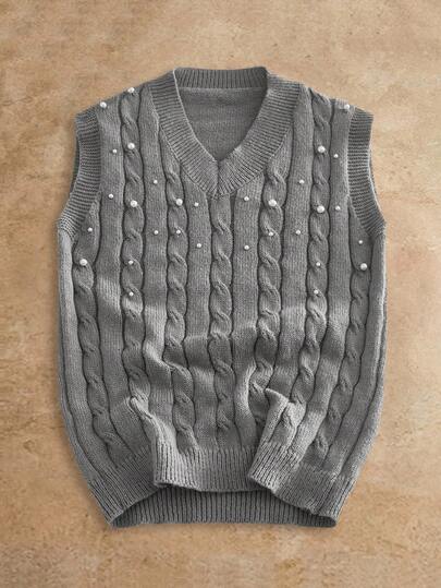 HIMLAND Chaleco de punto sin mangas con textura y cuentas para hombre, chaleco de punto con perlas, chaleco de punto trenzado, Old Money, otoño e invierno