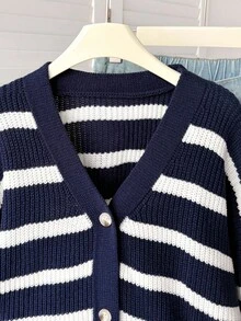 SHEIN Teen Girls' Blue & White Striped Button V-Neck Loose Casual Striped Sweater Cardigan Fall Winter