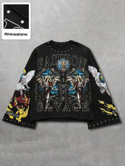 Street Life Felpa da uomo con stampa angelica e decorazioni in strass, autunnale