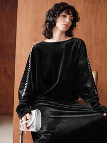 Uhlyne Uhlyne Women's Minimalist Elegant Velvet Batwing Sleeve Rhinestone Ribbon Splice T-Shirt - Black - View 8