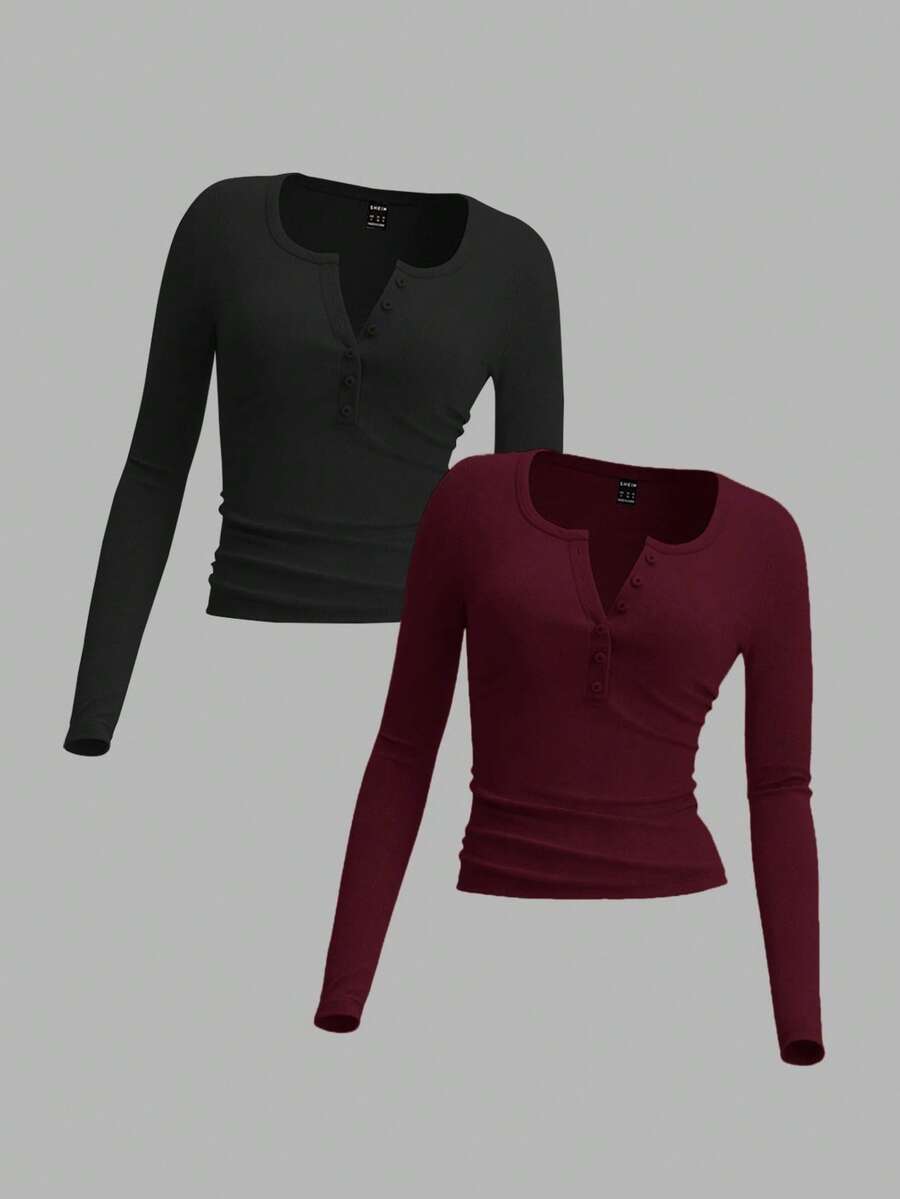 SHEIN EZwear Two-Piece Set Knitted Long Sleeve T-Shirt For Women, Suitable For Spring & Autumn - Multicolor - View 1