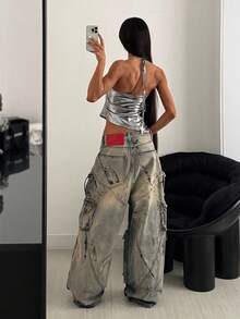 StreetHx Women's Reflective Skinny Spaghetti Strap Backless Y2K Sexy Streetwear Vacation Camisole Top, Spring/Summer