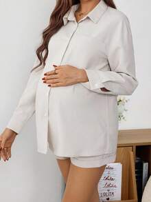 SHEIN 2pcs Maternity Solid Color Long Sleeve Button-Up Pocket Shirt And Adjustable Waist Shorts Casual Set - Khaki - View 4