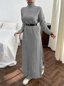 EURMUSE Conjunto de vestido de suéter largo con detalle de abertura y pantalones de suéter de punto acanalado de unicolor para mujer - Gris Claro - Ver 4