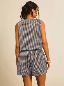 Freevana Conjunto de 2 piezas de chaleco con cordones a cuadros negro y blanco talla grande talla y shorts - Marrón - Ver 2
