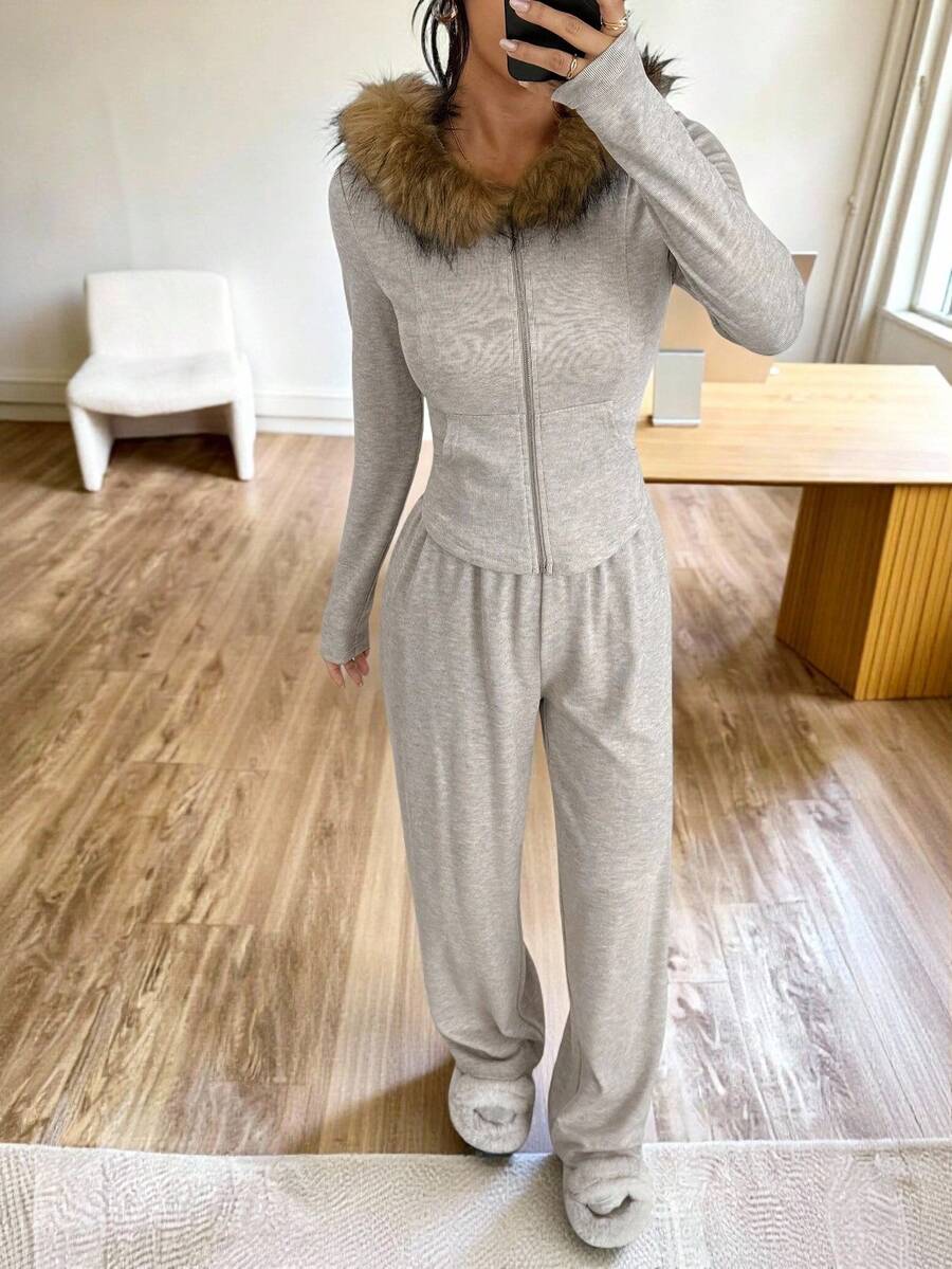 SHEIN EZwear Set de 2 piezas de top con capucha y pantalones casuales para mujer - Albaricoque - Ver 1