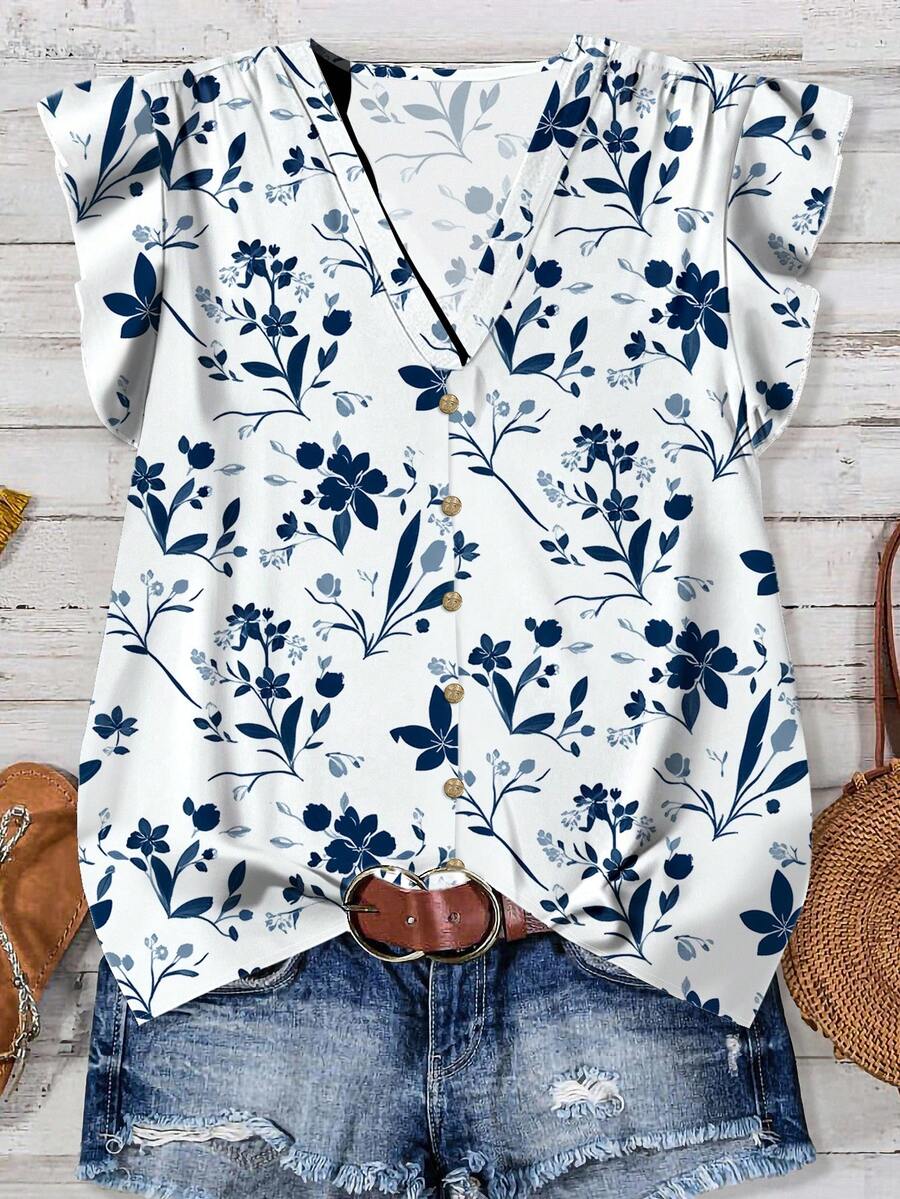 EMERY ROSE 1 Áo sơ mi nữ họa tiết hoa cỡ lớn, thích hợp mặc vào mùa hè, màu trắng - Nhiều màu - Xem 1