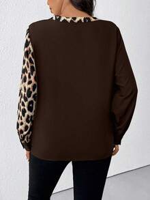 SHEIN Clasi Plus Size Women Leopard Print Patchwork Casual Shirt - Brown - View 2