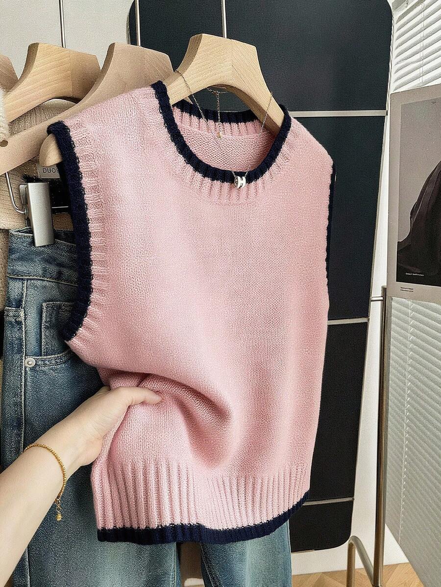 SHEIN LUNE 女式休闲宽松圆领无袖针织撞色边卡其色毛衣上衣，春秋季 - 粉色 - 查看 1