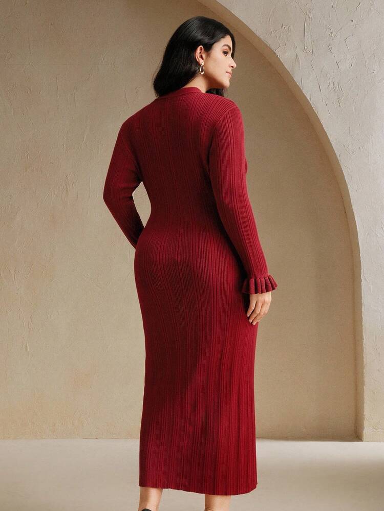 Plus Size Women's Solid Color V-Neck Long Sleeve Single-Breasted Elegant Knit Bodycon Dress