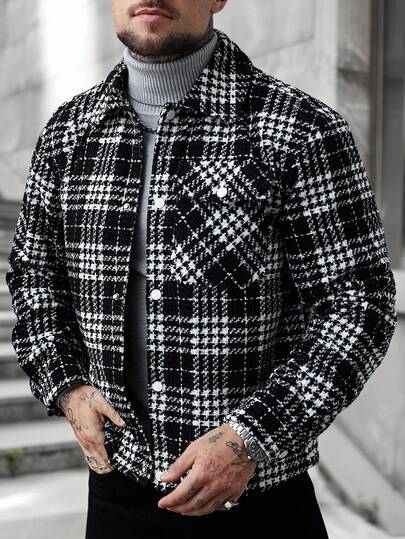 Manfinity CasualCool Men's Long Sleeve Casual Plaid Overcoat, Autumn/Winter, Black And White