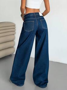 SHEIN Cottnline WOMEN LOW WAIST WIDELEG CASUAL STREET DARK BLUE WITH BACK LABEL WATER WASH - Medium Wash - View 2