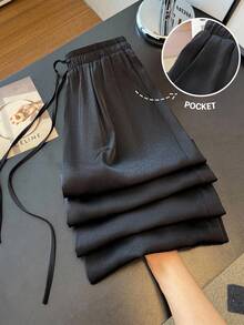 Everyssa 女士纹理缎面触感、飘逸、舒适优雅的阔腿裤，适合休闲、度假、春夏季穿着 - 黑色 - 查看 4