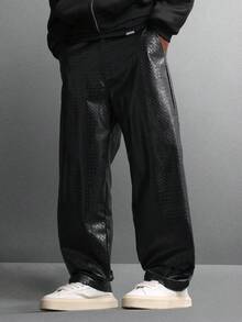 SUMWON Woven Pattern Wide Leg Casual Pants Lightweight Trouser With Textured Leather Look Autumn Winter Street Style Loose Fit Bottom Skater - Black - View 1