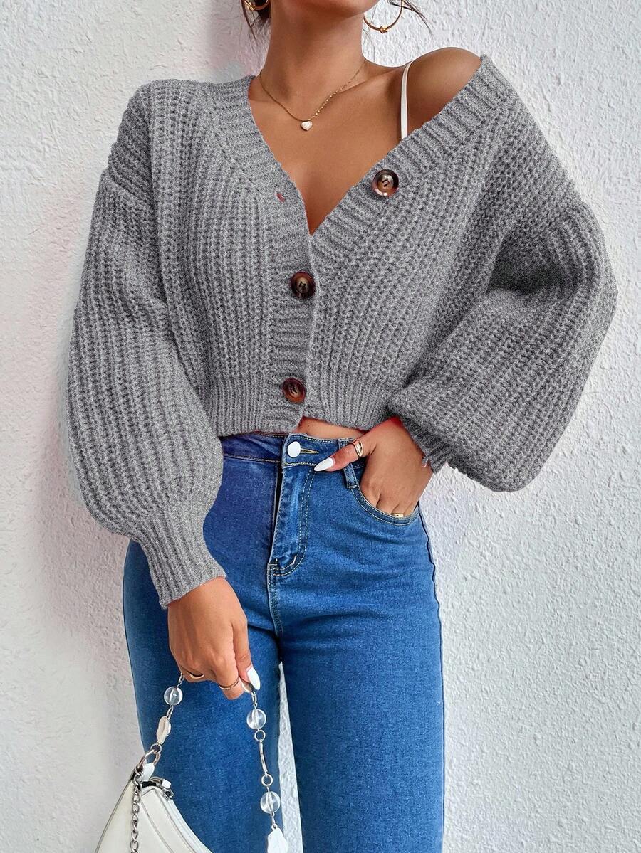 EMERY ROSE Áo khoác cardigan dệt kim tay dài dáng rộng, màu trơn, dáng rộng, hở vai, dành cho nữ, mùa thu - Màu Xám nhạt - Xem 1