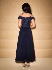 优雅亮片拼布腰部吊带背心连衣裙，适合少女穿着，适合派对、圣诞节、万圣节 - 藍色 - 查看 2