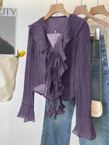 INAWLY Áo cánh xếp ly cổ chữ V cỡ lớn buộc phía trước - Màu tím - Xem 1