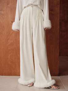 Uhlyne Women's Autumn White Faux Fur Patchwork Wide Leg Pants, Minimalist Pleated Trousers, Versatile For Business, Casual And Holiday Wear - White - View 5