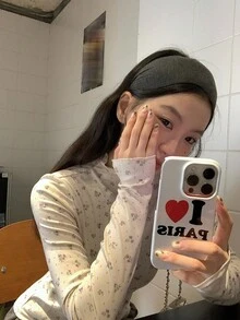DAZY Women's Floral All-Over Print Long Sleeve High Neck T-Shirt, Korean Style, Spring/Autumn - Apricot - View 3