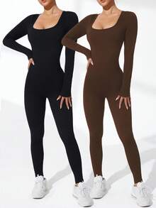 Easithlete 2 PCS Women's Solid Color Square Neck Bodysuit With Long Sleeves Long Sleeve Jumpsuit Workout Jumpsuit Seamless Jumpsuit Ribbed Jumpsuit - Multicolor - View 7