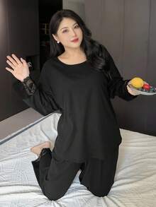 Dazy Plus 2pcs Plus Size Women Loose Contrast Lace Top And Pants Pajama Set, Spring/Autumn, Fall Clothes - Black - View 4