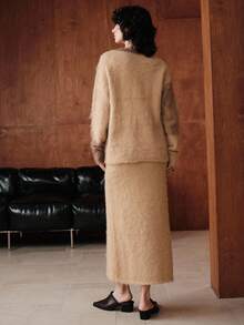 Uhlyne Uhlyne Women's Old Money Elegent Two-Piece Sweater Set,All Shades Of Brown Autumn Fuzzy Knitted Co-Ords,Loose Fit Round Neck Color-Block Brunch Outfit,Khaki - Khaki - View 3