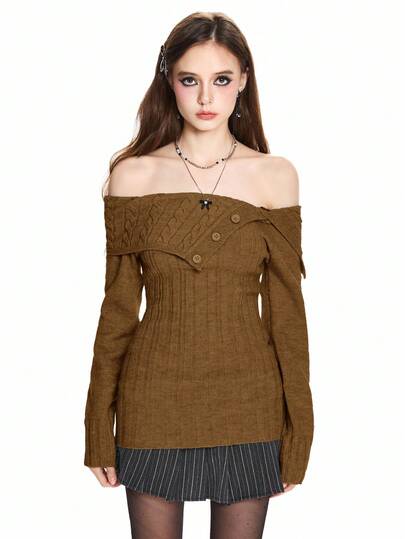 Pull tricoté côtelé style Y2K avec épaules dénudées et ceinture à la taille