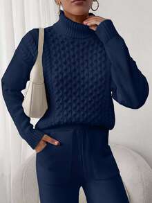 EURMUSE 2pcs Set: Cable Knit Turtleneck Long Sleeve Top And Solid Color Pants - Navy Blue - View 6