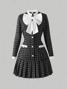 SHEIN Váy dài tay họa tiết bướm thanh lịch cho bé gái tuổi teen - màu đen - Xem 3