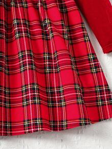 SHEIN Tween Girl Casual Minimalist Comfortable Round Neck Pullover Solid Color Patchwork Plaid Bow Decor Autumn Dress - Red - View 4