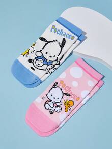 HELLO KITTY AND FRIENDS | SHEIN 2雙女士可愛卡通圖案純棉短襪 - 彩色 - 查看 1