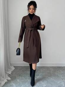 Elenzga Cappotto elegante da donna in stile vintage francese, doppiopetto, con bavero, maniche lunghe, vita stretta, di lunghezza media, adatto per primavera/autunno - Marrone ruggine - Visualizzare 3