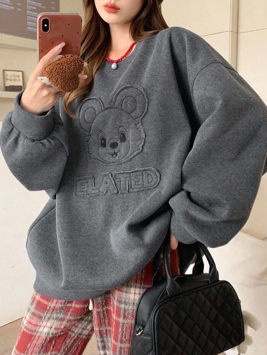 DAZY Women's Cartoon Print Thermal Lined Crew Neck Long Sleeve Sweatshirt Fall,Winter - Grey - View 1