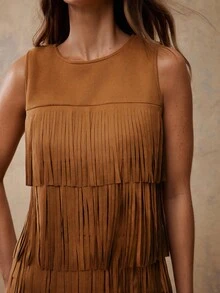 WESTFADE 仿麂皮圆领层叠流苏迷你无袖连衣裙，秋季、冬季、波西米亚风、西部风女装，休闲、可爱、乡村音乐会服装