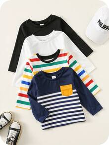 SHEIN 4 pezzi/confezione Magliette a maniche lunghe in maglia a tinta unita casual unisex per neonati, abbigliamento per bebè maschio e bebè femmina, inverno - Multicolore - Visualizzare 3