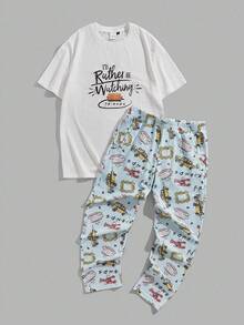 FRIENDS X SHEIN Men Leisure Knitted Letter Graphic Short Sleeve White T-Shirt & Pants Loungewear Set - White - View 1