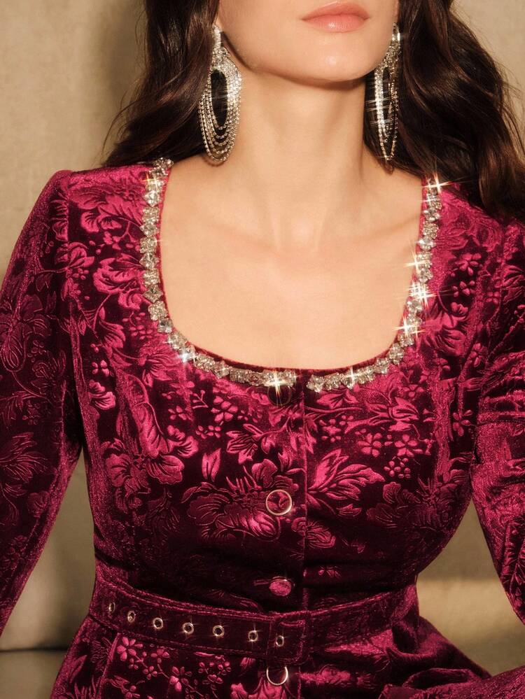 Solid Color Floral Velvet Jacquard Square Collar Handmade Rhinestone Waist Tie A-Line Long Sleeve Top Paired With Mid-Waist Straight Hem Slit Skirt, Suitable For Fall, Autumn, Elegant, Chic, Party, Christmas, New Year