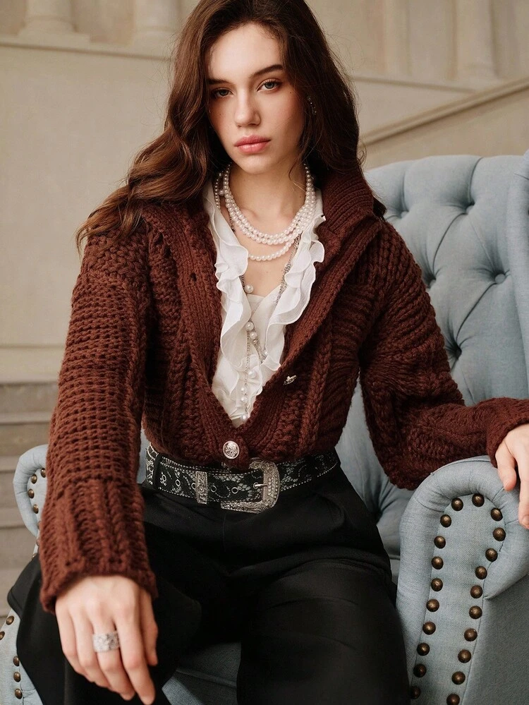Anewsta Savoree Women's Autumn/Winter Solid Color Elegant High Neck Single-Breasted Loose Cardigan Sweater, Versatile Christmas Sweater For Women, Thanksgiving
