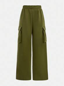 SHEIN Teen Girls Knitted Patch Pocket Overalls Style Sweatpants, Casual For Autumn/Winter - Army Green - View 3