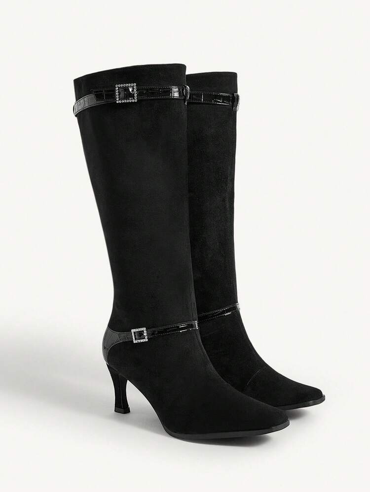 CUCCOO CHICEST Botas altas de gamuza sintética negra con tacón de aguja, punta cuadrada y hebilla de cristal, elegantes y glamorosas, cómodas y de moda, apropiadas para el té de la tarde, citas, trabajo, elegancia, calle, uso versátil, Halloween, Navidad, Acción de Gracias, Año Nuevo