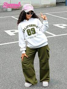 SHEIN Explorewe 2pcs Girls Chic Letter Print Hoodie Sweatshirt,Green Cargo Pants Outfit Autumn,School Back-To-School,Christmas Cow Boy,Green And White Streetwear - Army Green - View 9